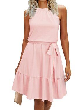 Women's Pink Fashion Summer Halter Dresses Casual Sleeveless Ruffle Sundress